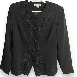 Justin Taylor Blazer Jacket Women's 10 Black Beaded Button Front Formal Vintage